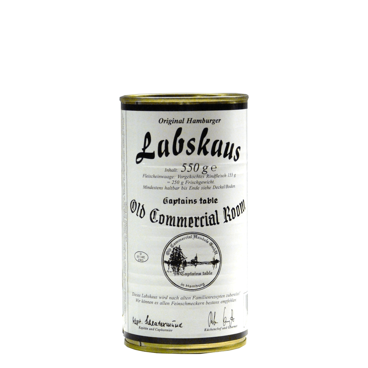 Konservendose Original Hamburger Labskaus Old Commercial Room in Metall mit weiß-schwarzem Etikett und Segelschiff-Logo.