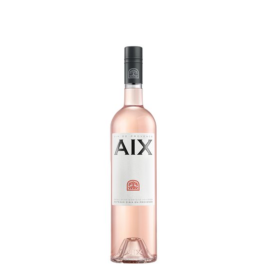 Schlanke Weinflasche mit roséfarbenem Inhalt. Weißes Etikett mit großer schwarzer Aufschrift AIX und kleinem roten Logo darunter. Schwarzer Schraubverschluss mit Logo.