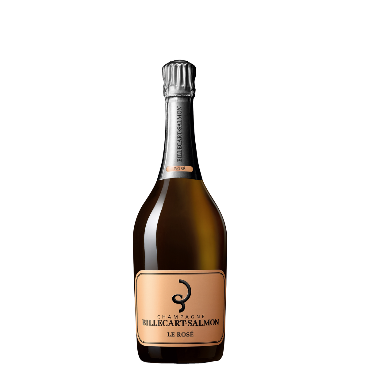 Billecart-Salmon Brut Le Rosé – Klassische Champagnerflasche mit rosafarbenem Etikett, dunkler Typografie, geschwungenem Marken-Emblem und silberner Sektkapsel mit Agraffe