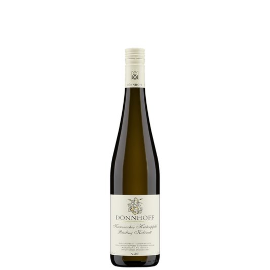 Flasche Dönnhoff Riesling Kreuznacher Krötenpfuhl Kabinett. Die Flasche ist von vorne abgebildet, mit einem weißen Etikett, auf dem der Name Dönnhoff und der Weinname Kreuznacher Krötenpfuhl Riesling Kabinett in eleganter Schrift zu lesen sind. Die Flasche hat einen weißen Schraubverschluss.