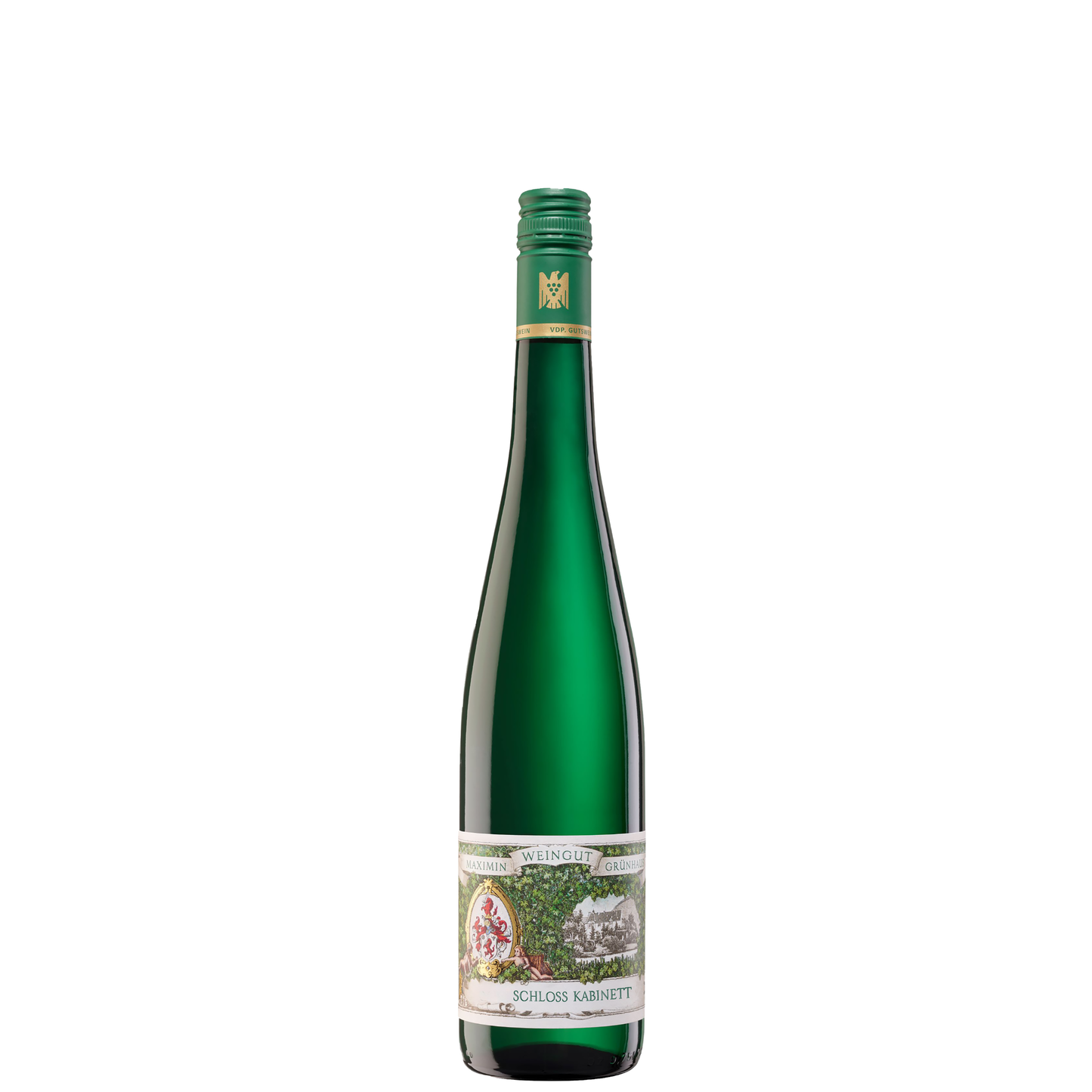 Schlanke grüne Flasche Maximin Grünhaus Schloss Riesling Kabinett mit grünem Schraubverschluss und illustriertem Etikett vor weißem Hintergrund.
