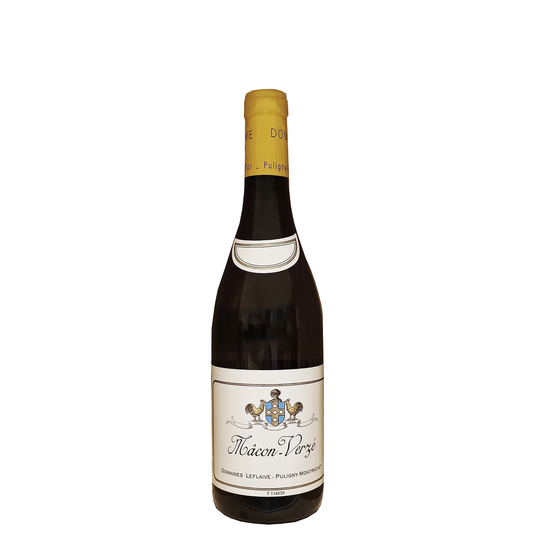 Weinflasche mit dunklem Glas und gelbem Verschluss. Weißes Etikett mit einem blauen Wappen in der Mitte und der Aufschrift Mâcon-Verzé. Darunter kleinerer Text mit Domaines Leflaive, Puligny-Montrachet.