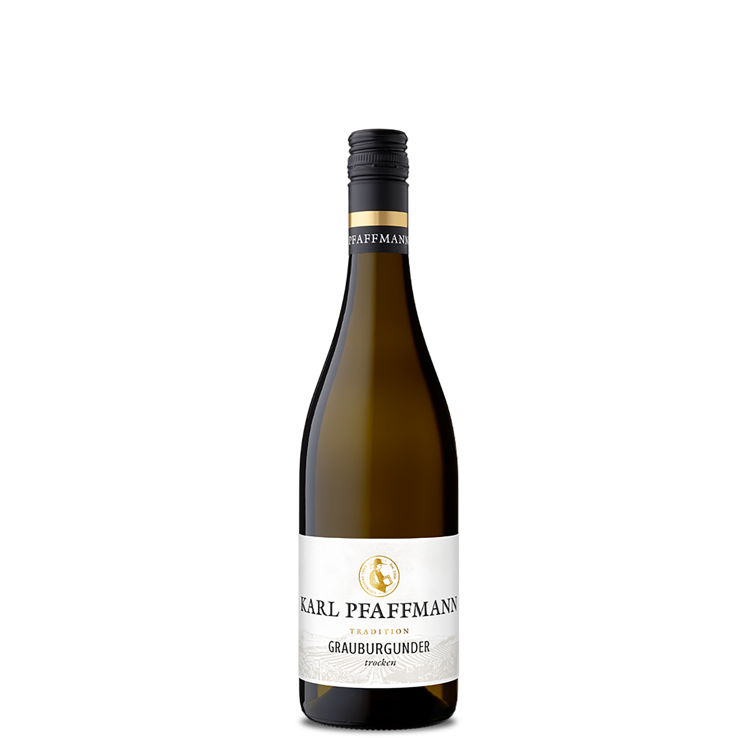 Flasche Karl Pfaffmann Grauburgunder Tradition trocken mit schwarzem Schraubverschluss und weißem Etikett vor weißem Hintergrund.