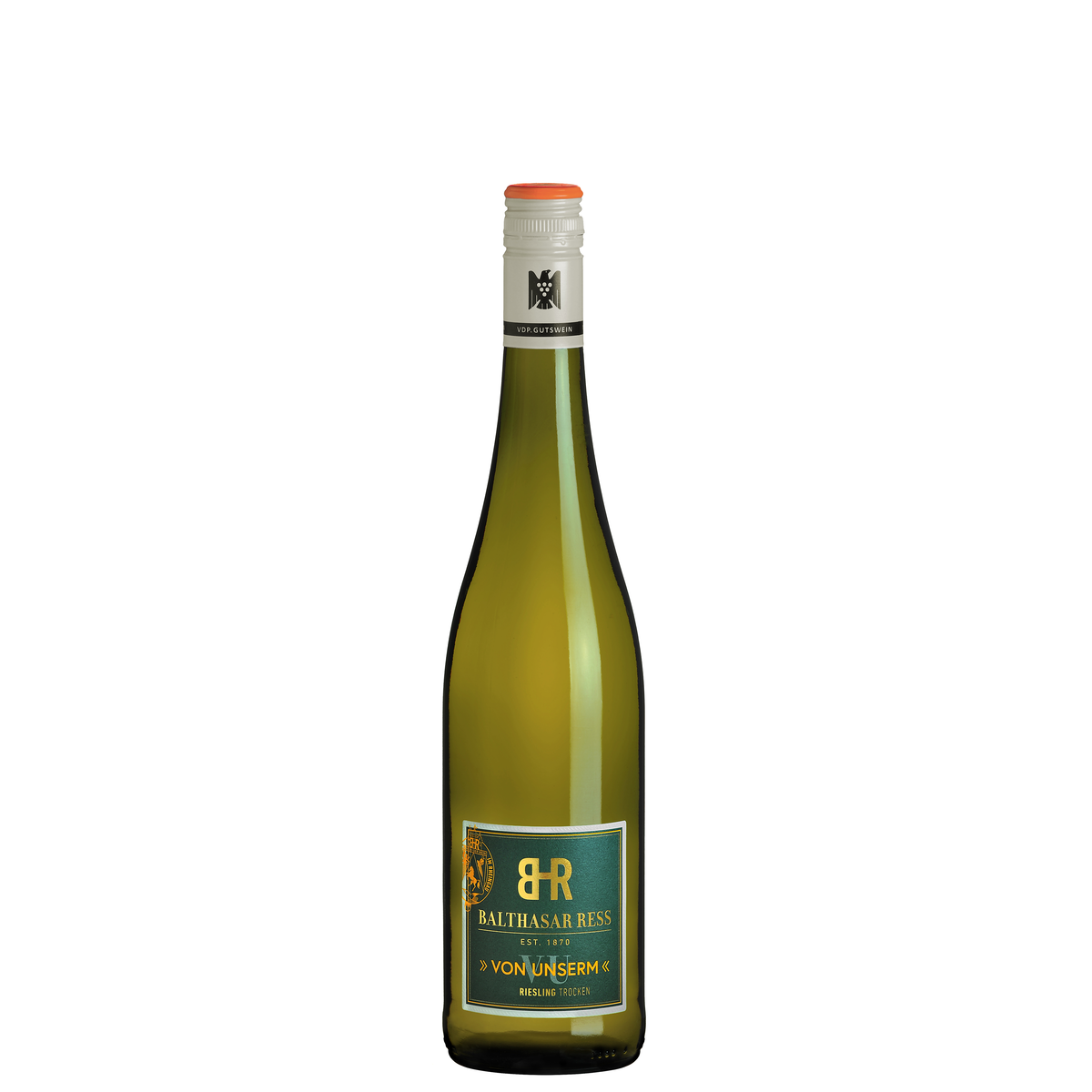 Balthasar Ress Riesling von Unserm – Hohe, schlanke Burgunderflasche mit grün-goldenem Etikett, monogrammiertem Marken-Emblem, klassischer Typografie und hellem Schraubverschluss mit oranger Kapsel