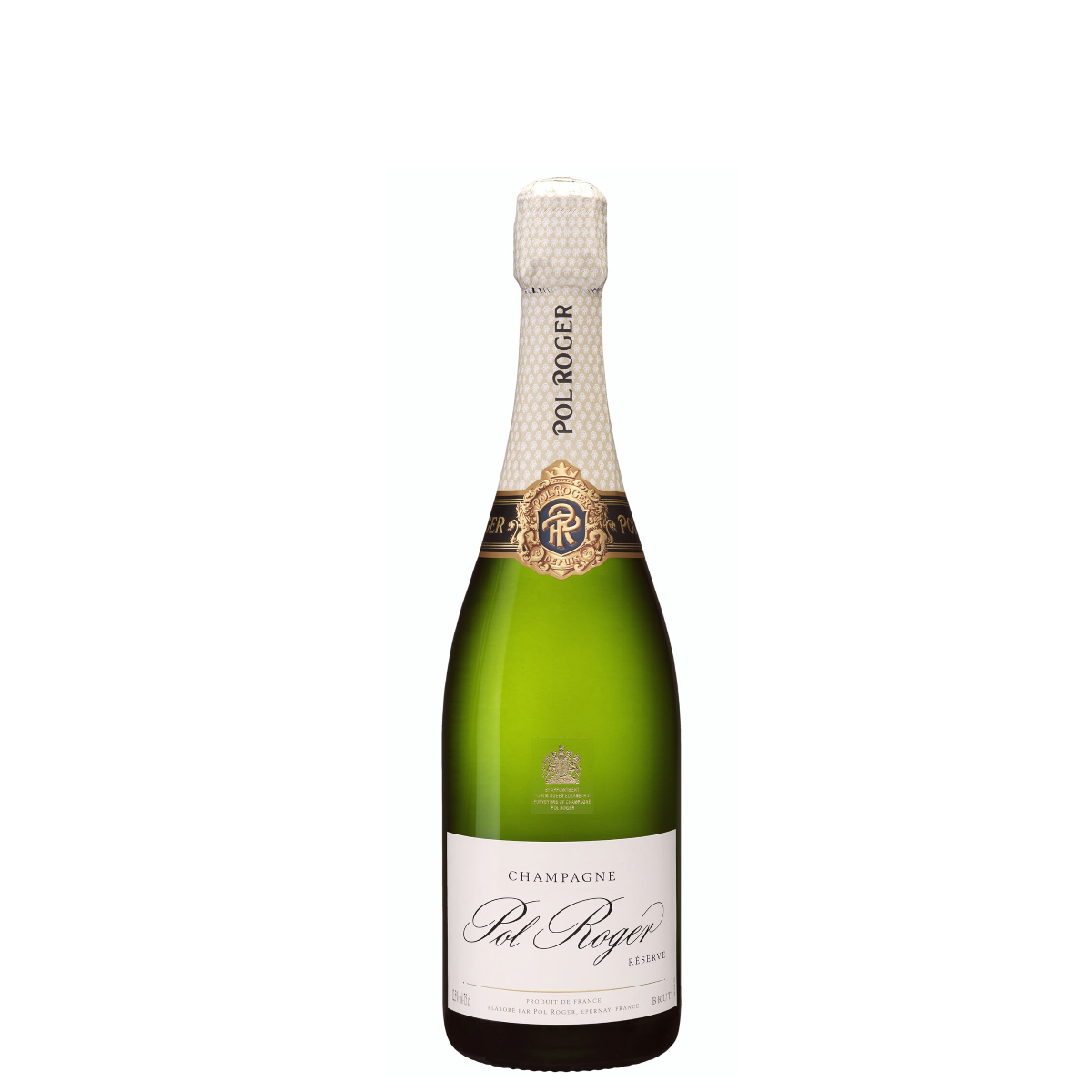 Champagnerflasche Pol Roger Réserve Brut mit cremeweißer Folienkapsel und weiß-goldenem Etikett.