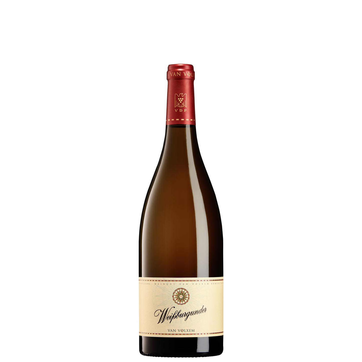 Flasche Van Volxem Weißburgunder mit bernsteinfarbener Flasche, roter Kapsel und cremefarbenem Etikett vor weißem Hintergrund.