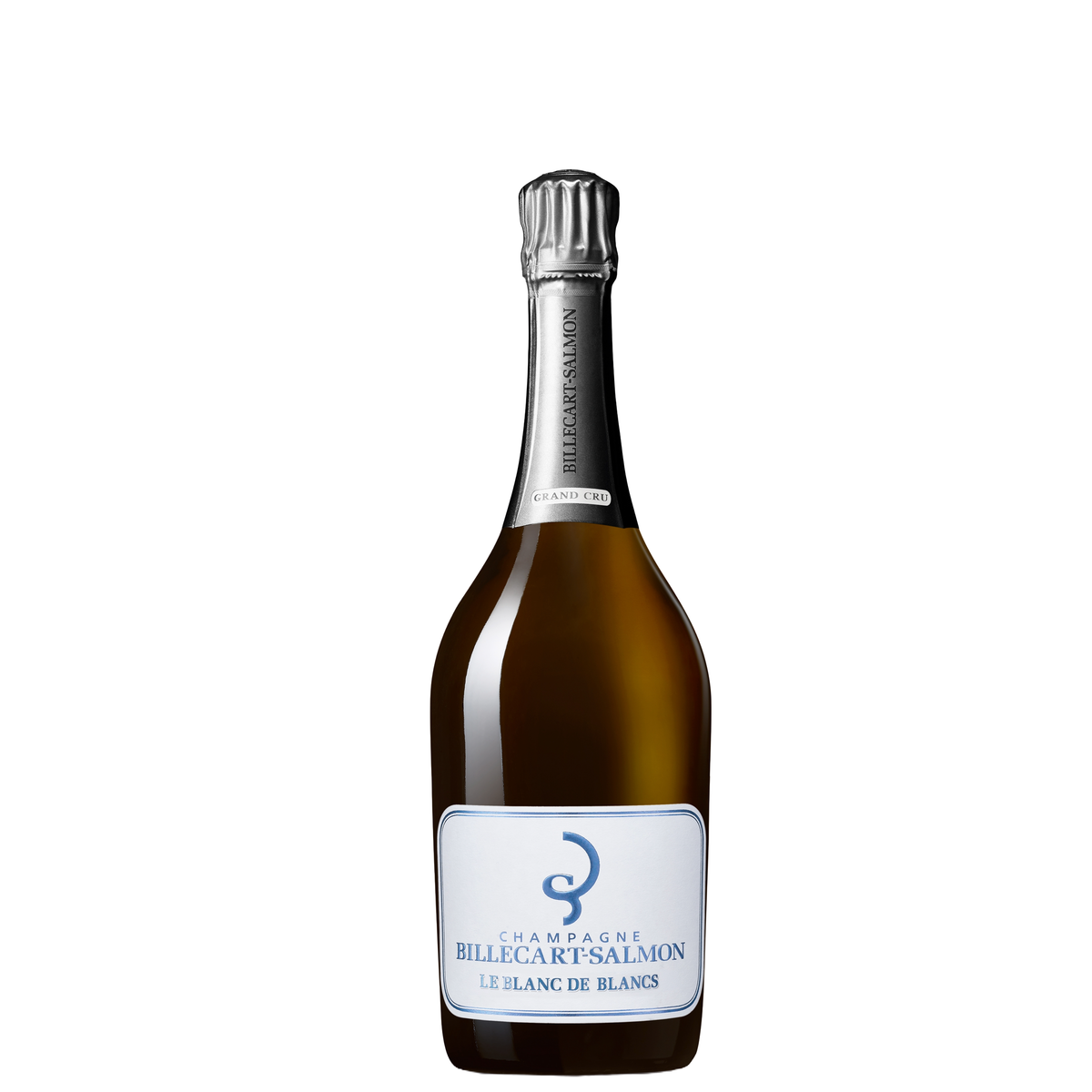 Billecart-Salmon Le Blanc de Blancs Grand Cru Extra Brut – Klassische Champagnerflasche mit weiß-blauem Etikett, blauer Typografie, geschwungenem Marken-Emblem und silberner Sektkapsel mit Agraffe