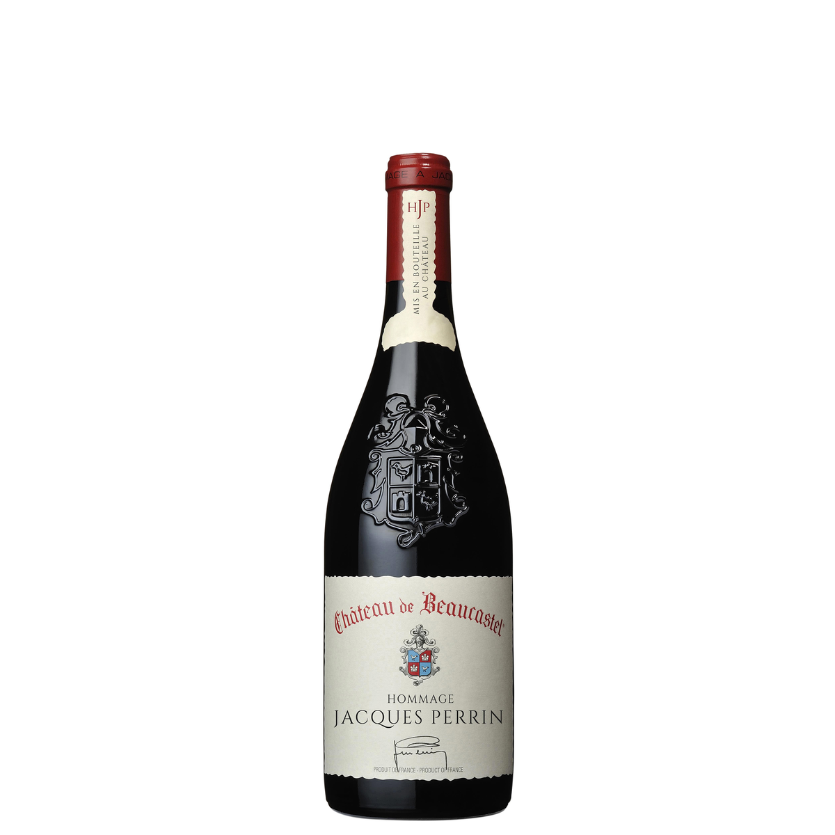 Rotweinflasche Château de Beaucastel Hommage à Jacques Perrin in dunkler Burgunderflasche mit Wappen-Relief und roter Kapsel.