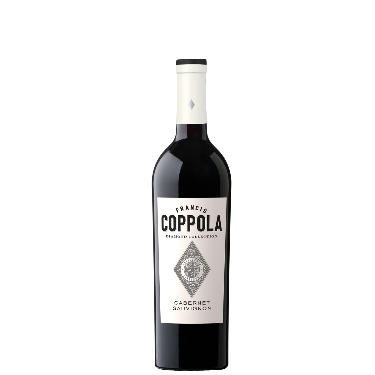 Francis Coppola Diamond Collection Cabernet Sauvignon – Schlanke Burgunderflasche mit weißem Etikett, schwarzer Typografie, rautenförmigem Siegel-Emblem und weißer Kapsel mit silbernem Rauten-Akzent