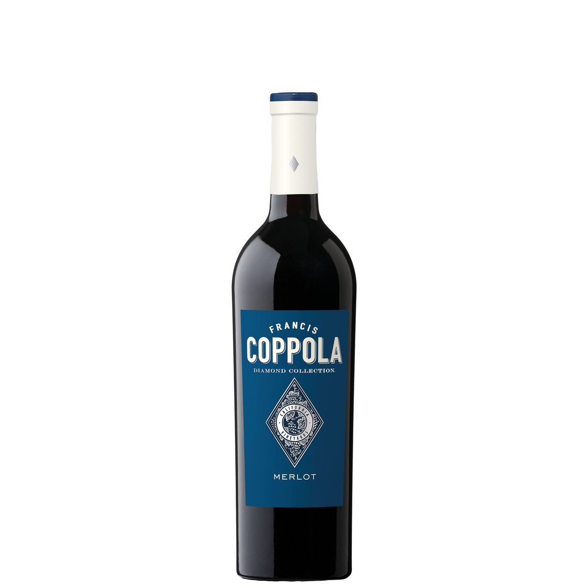 Francis Coppola Diamond Collection Merlot – Schlanke Burgunderflasche mit blauem Etikett, weißer Typografie, rautenförmigem Siegel-Emblem und heller Kapsel mit blauem Abschluss und silbernem Rauten-Akzent