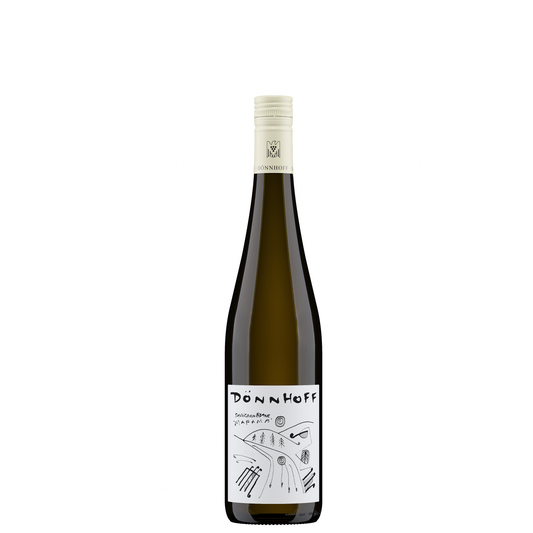 Weinflasche mit hellgelbem Schraubverschluss, Etikett mit der Aufschrift Dönnhoff Sauvignon Blanc Marama und abstrakter schwarzer Zeichnung auf weißem Hintergrund.