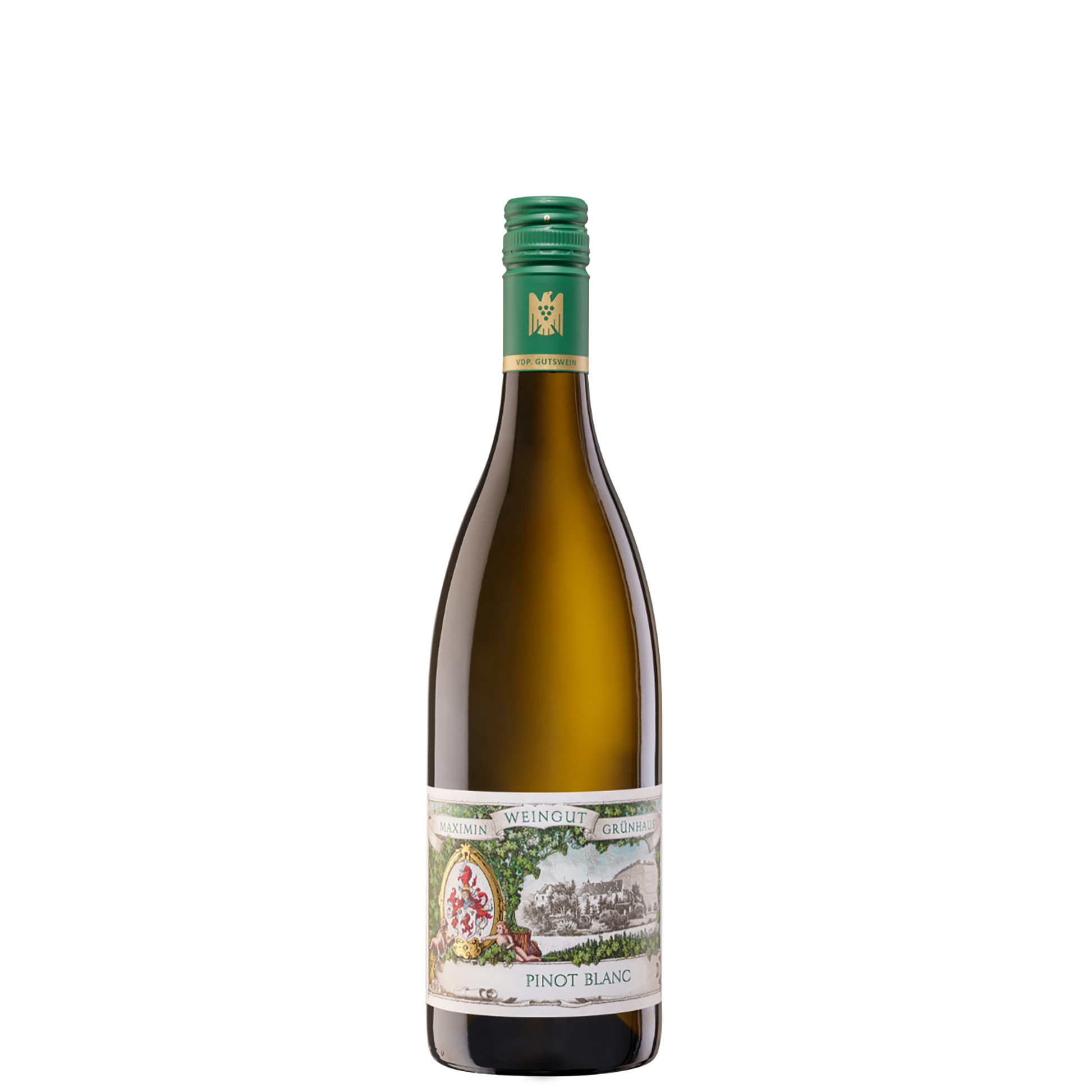 Flasche Maximin Grünhaus Pinot Blanc Weißburgunder trocken mit grüner Kapsel und detailreichem, illustriertem Etikett vor weißem Hintergrund.