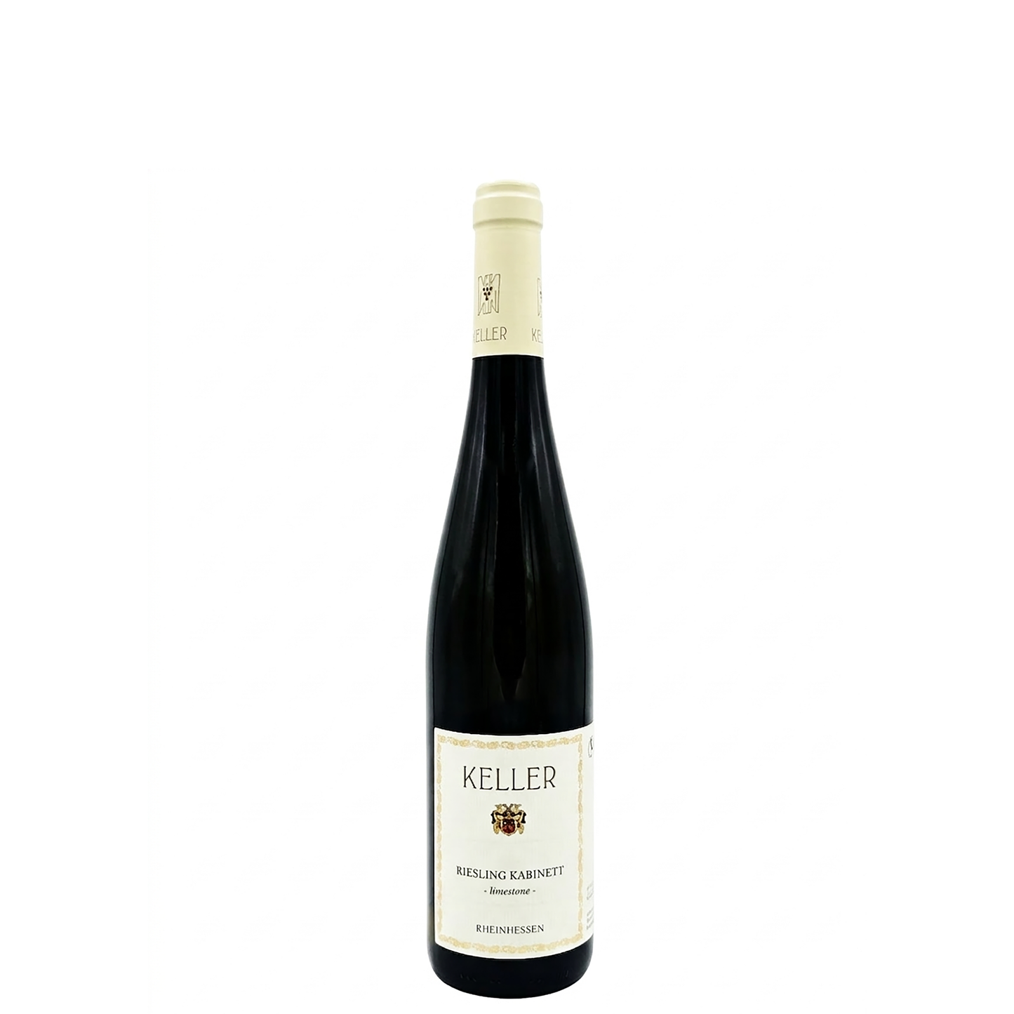 Flasche Keller Riesling Kabinett Limestone aus Rheinhessen mit heller Kapsel und cremefarbenem Etikett vor weißem Hintergrund.