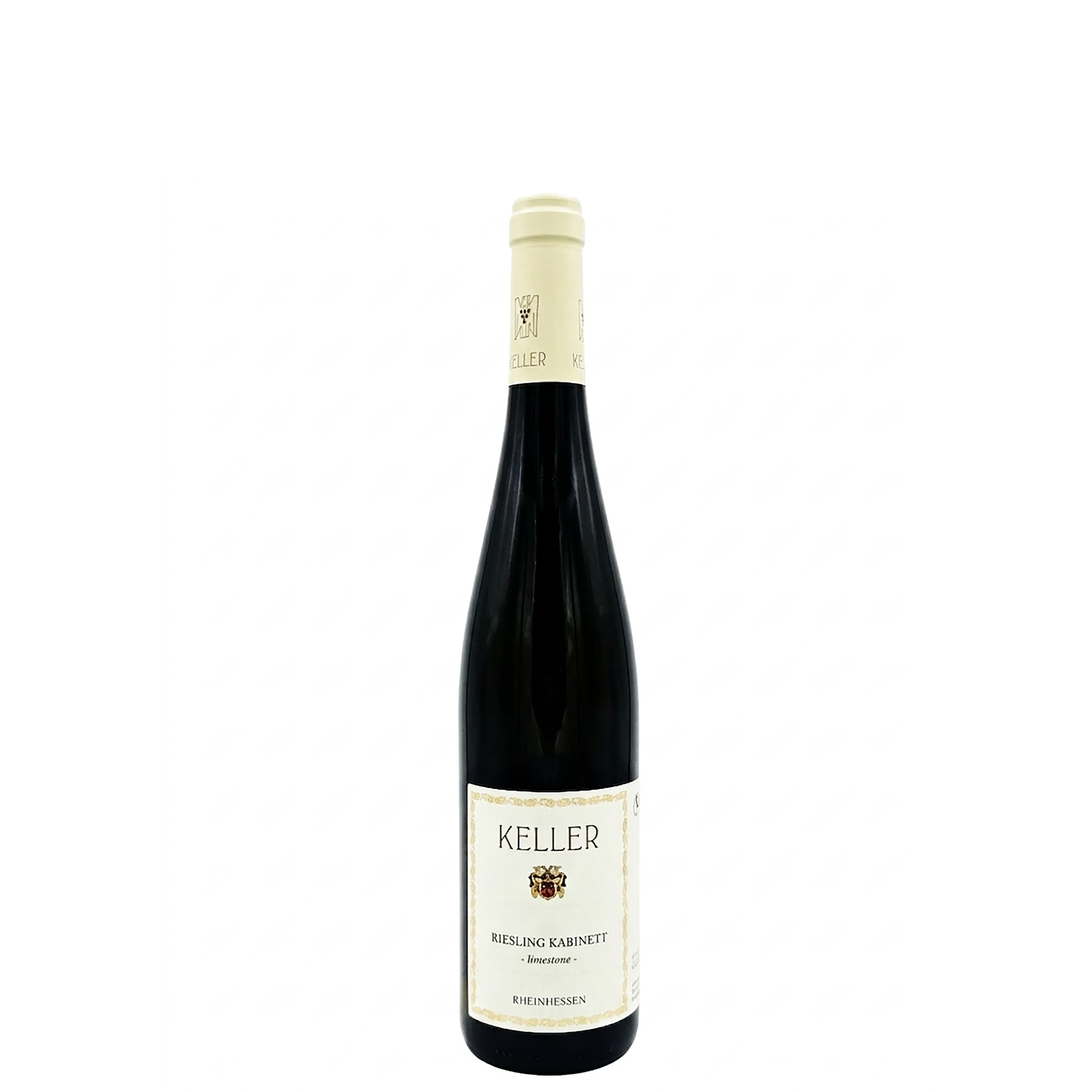 Flasche Keller Riesling Kabinett Limestone aus Rheinhessen mit heller Kapsel und cremefarbenem Etikett vor weißem Hintergrund.