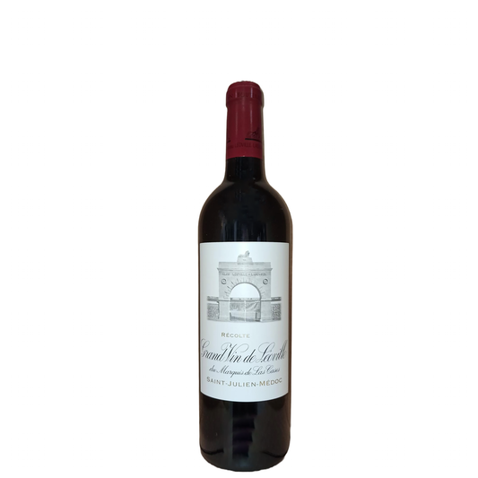 Dunkle Rotweinflasche mit roter Kapsel und weißem Etikett. Darauf sind ein Torbogen und die Aufschrift Grand Vin de Léoville du Marquis de Las Cases sowie Saint-Julien-Médoc zu sehen.