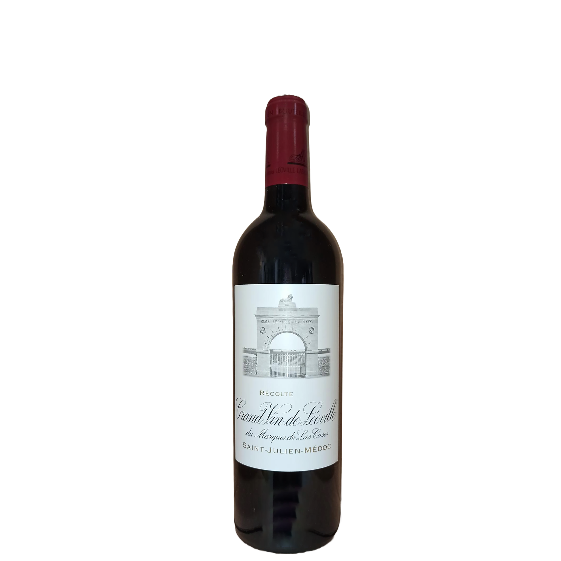 Dunkle Rotweinflasche mit roter Kapsel und weißem Etikett. Darauf sind ein Torbogen und die Aufschrift Grand Vin de Léoville du Marquis de Las Cases sowie Saint-Julien-Médoc zu sehen.