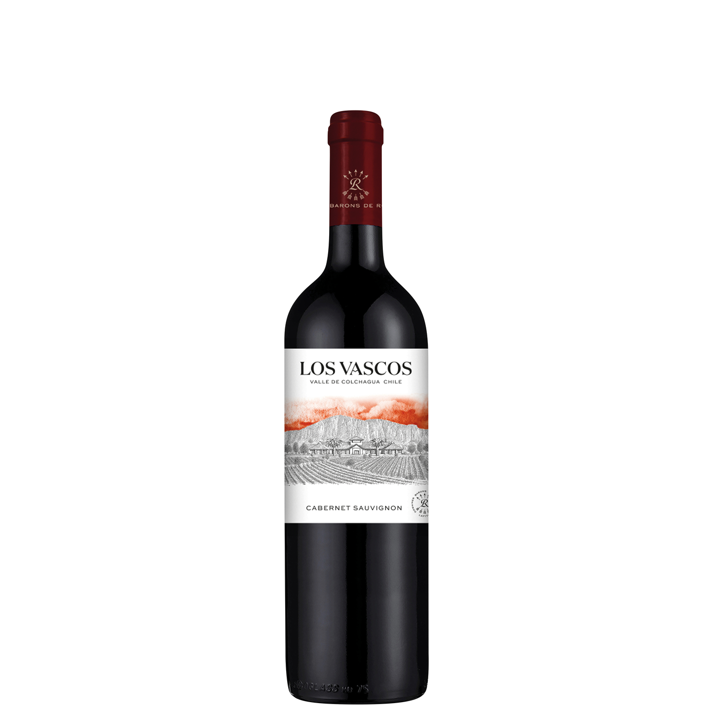 Flasche Los Vascos Cabernet Sauvignon aus Chile mit roter Kapsel und weißem Etikett mit Landschaftsillustration vor weißem Hintergrund.