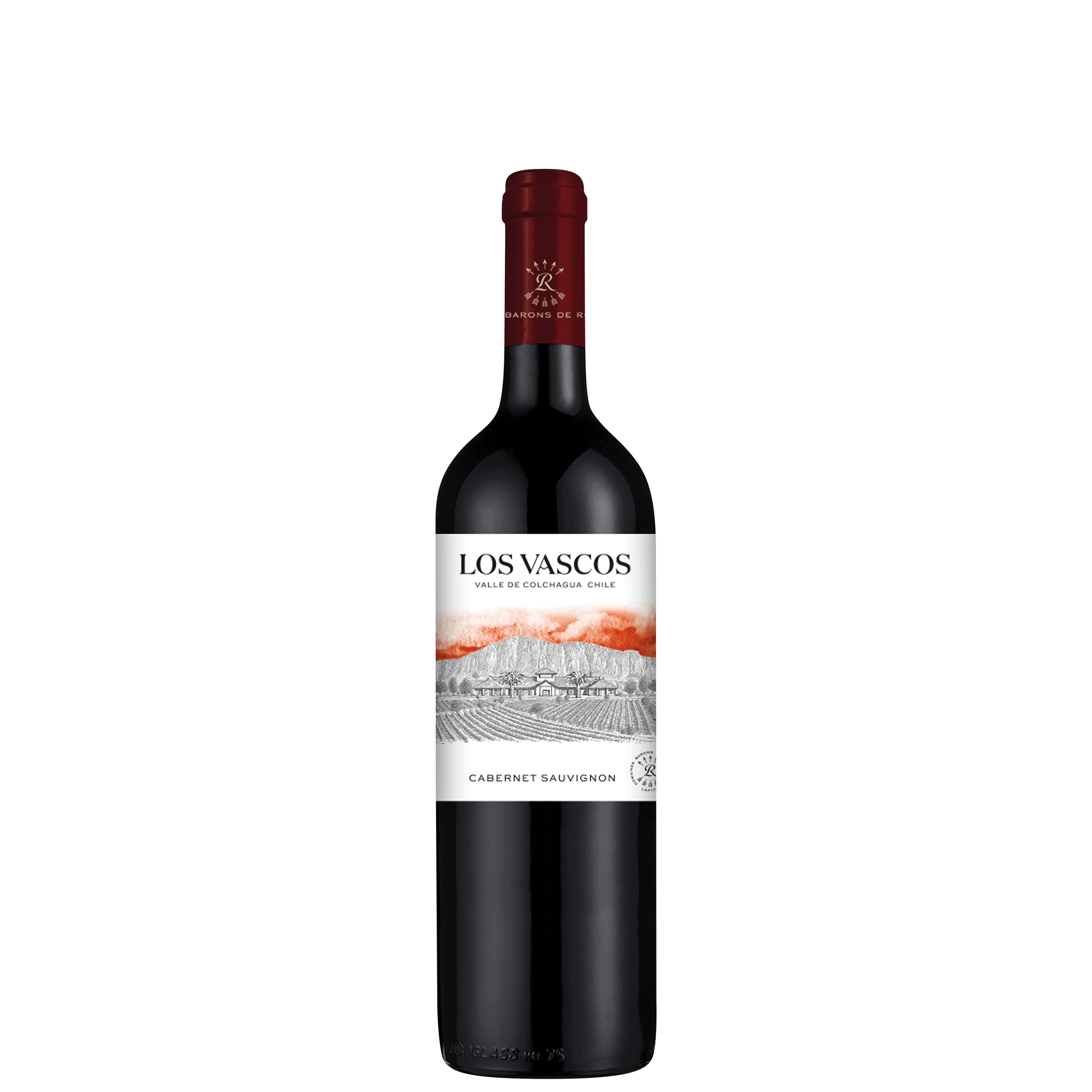 Flasche Los Vascos Cabernet Sauvignon aus Chile mit roter Kapsel und weißem Etikett mit Landschaftsillustration vor weißem Hintergrund.