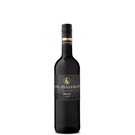 Flasche Karl Pfaffmann Merlot trocken mit schwarzer Flasche, schwarzem Schraubverschluss und dunklem Etikett vor weißem Hintergrund.