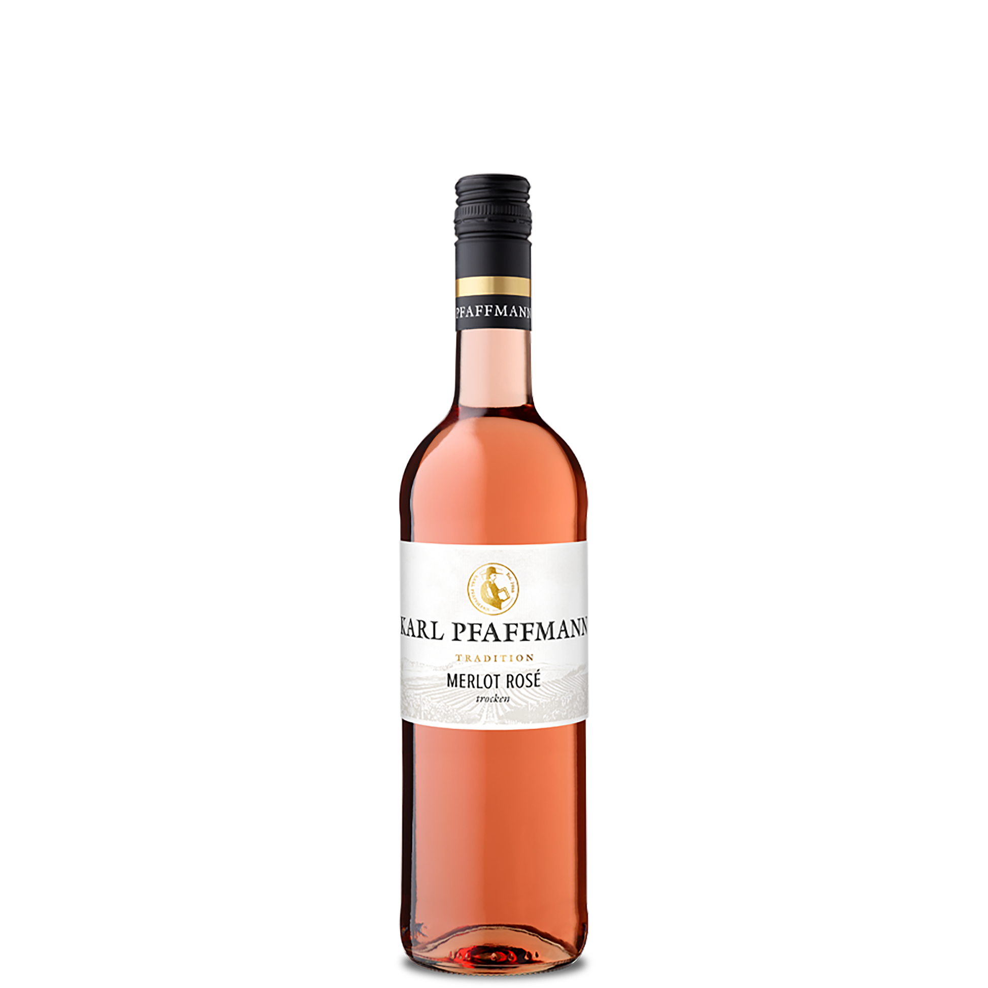Flasche Karl Pfaffmann Merlot Rose mit lachsfarbenem Wein, schwarzem Schraubverschluss und weißem Etikett vor weißem Hintergrund.