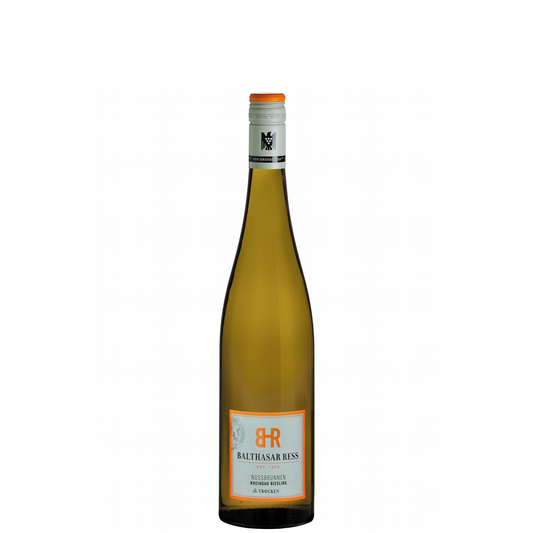Balthasar Ress Hattenheimer Nussbrunnen Riesling GG – Hohe, schlanke Burgunderflasche mit orange-weißem Etikett, monogrammiertem Marken-Emblem, klassischer Typografie und hellem Schraubverschluss mit oranger Kapsel