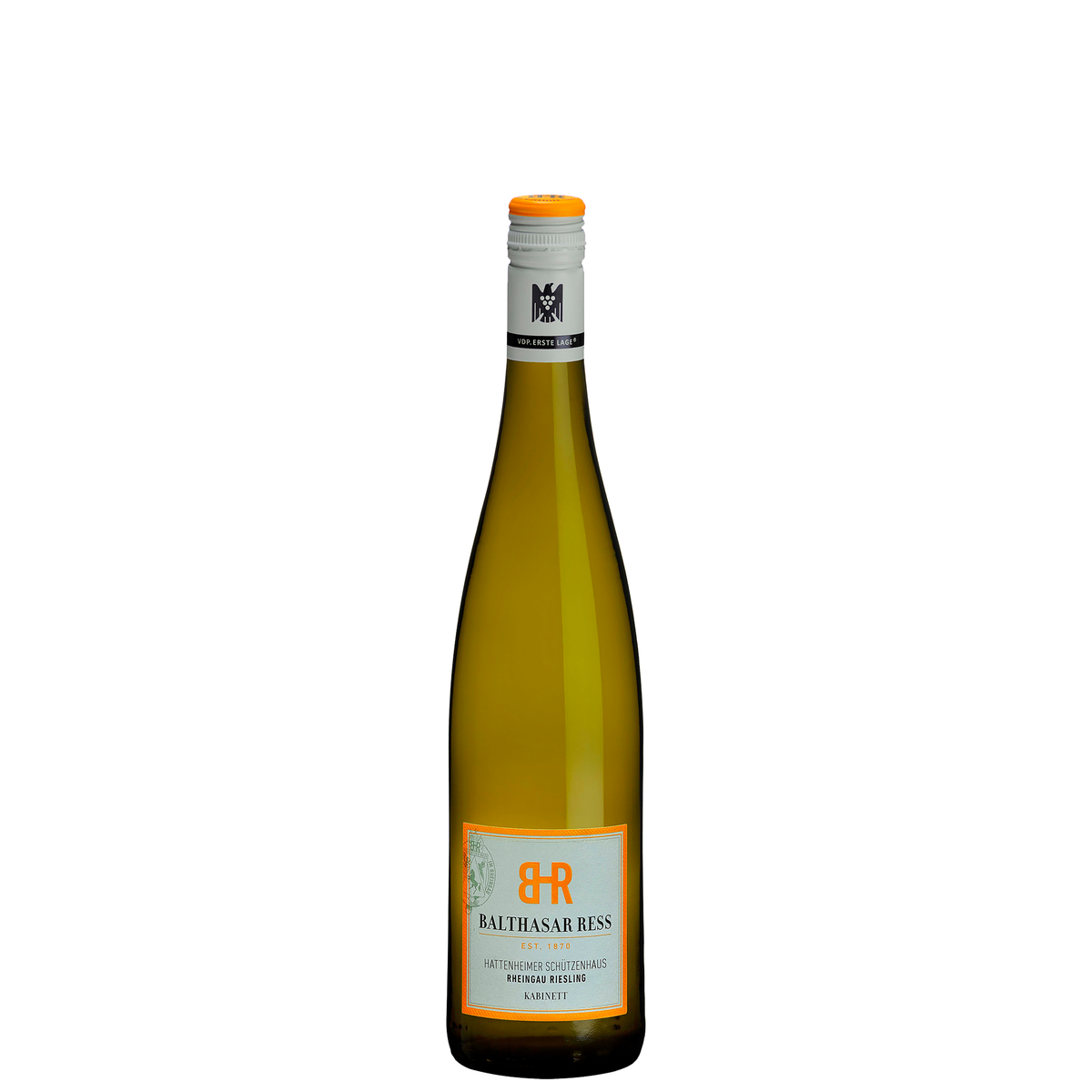 Balthasar Ress Hattenheimer Schützenhaus Riesling Kabinett – Hohe, schlanke Burgunderflasche mit orange-weißem Etikett, monogrammiertem Marken-Emblem, klassischer Typografie und hellem Schraubverschluss mit oranger Kapsel