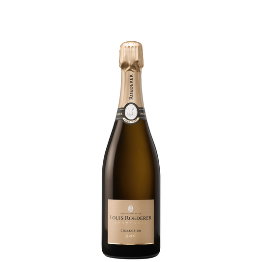 Eine Flasche Champagner Louis Roederer Collection 246. Dunkle Champagnerflasche mit mattschimmender goldener Folie am Flaschenhals und einem edlen goldenen Etikett, das den Markennamen Louis Roederer und die Editionsnummer 246 zeigt.